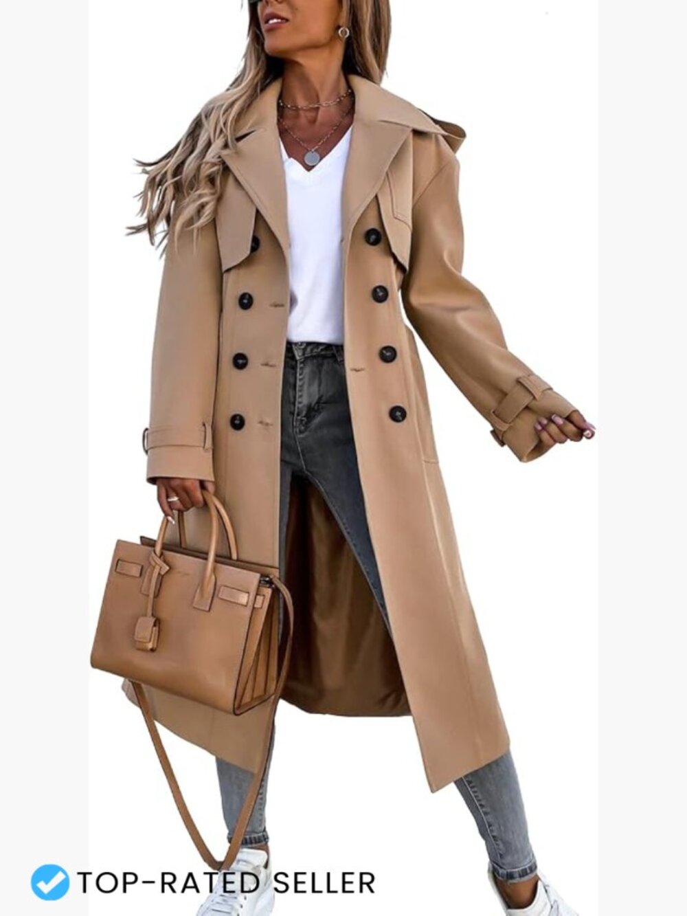 Long Trench Coat Double Breasted Windproof Belted Classic Overcoat Lightweight